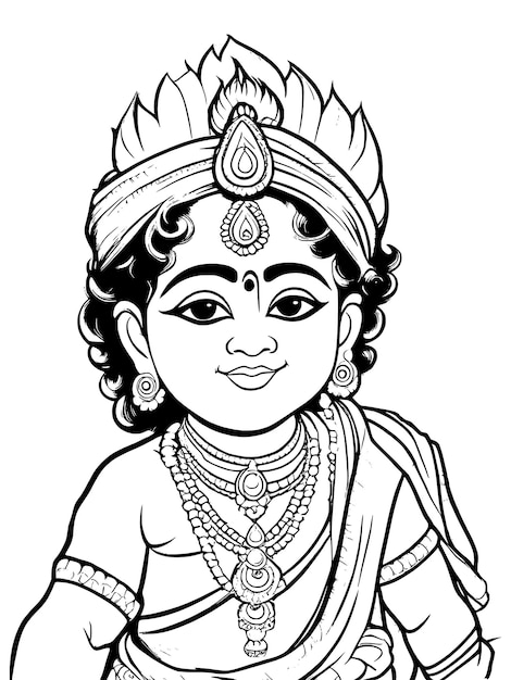 Маленький Кришна раскрашивающий линейный рисунок векторный дизайн Контурный ребенок Кришна индуистский бог