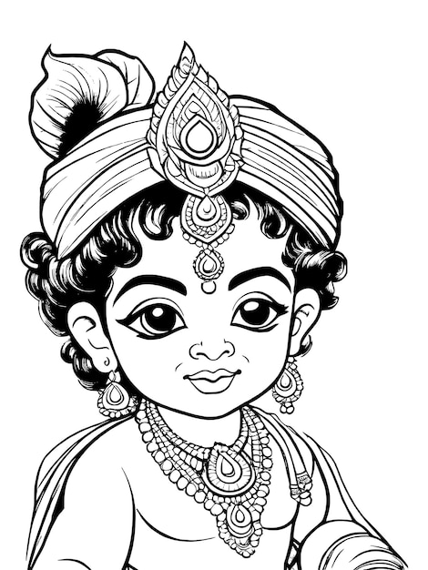 Vector little krishna coloring page line drawing vector design outline baby krishna hindu god