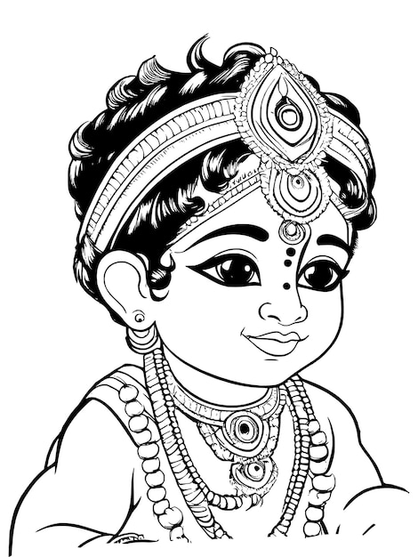 Little Krishna coloring page line drawing vector design Outline baby Krishna Hindu god