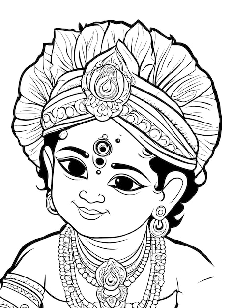작은 크리슈나 컬러링 페이지 라인 드로잉 터 디자인 윤 아기 크리쉬나 힌두 신