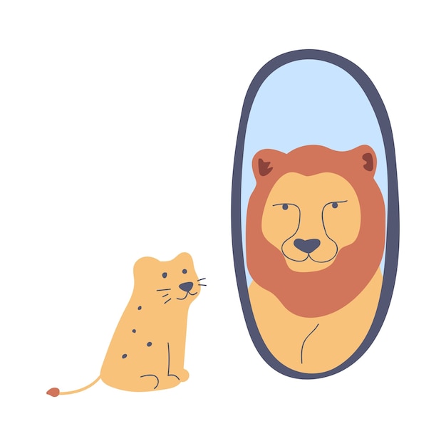 Little lion looking at the mirror and see big lion. vector design about courage and success.