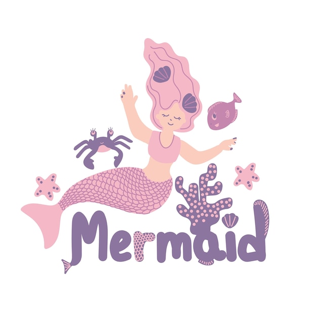 Vector little mermaid and underwater world