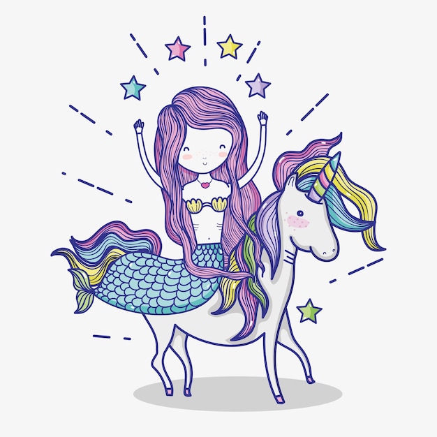 Vector little mermaid with unicorn art cartoon