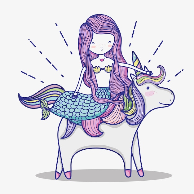 Little mermaid with unicorn art cartoon