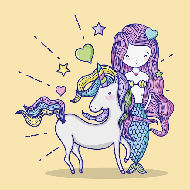 Little mermaid with unicorn art cartoon