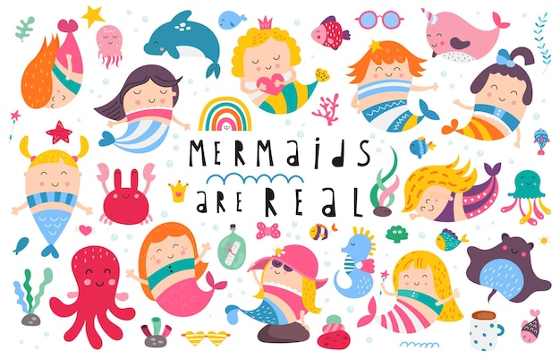 Vector little mermaids collection isolated on white background hand drawn