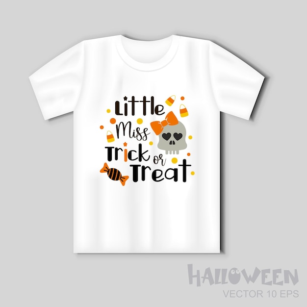 Vettore little miss trick or treat divertente scritta per halloween con teschio e caramelle illustrazione vettoriale