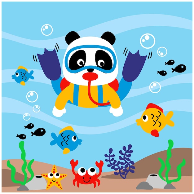 Vector a little panda is diving funny cartoon