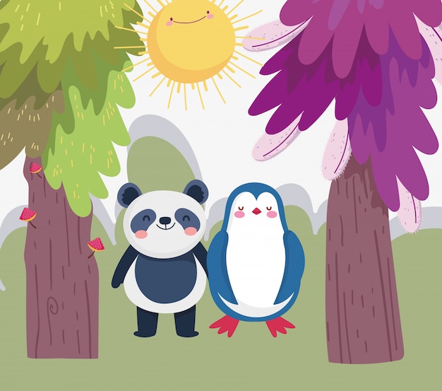 Little panda and penguin cartoon character forest foliage nature 