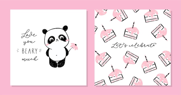 Vector little panda set of cards. cute panda character and text- love you beary much.