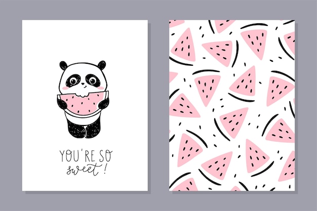 Little panda set of cards with watermelon. cute panda character eating watermelon with hand-lettered phrase - you are so sweet.