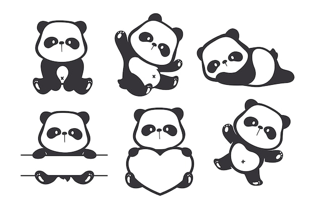 Vettore siluetta del piccolo panda che fa gesti carini cartoni animati per bambini