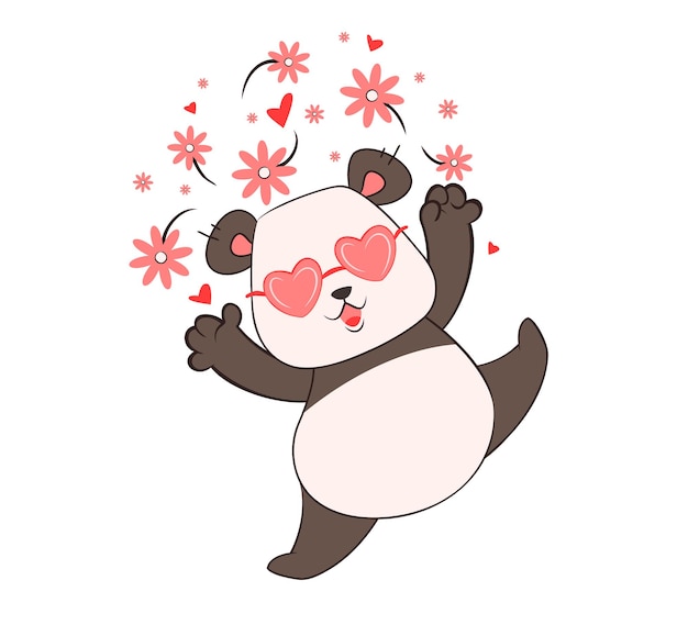 The little panda throws up flowers hearts and swirls Valentines Day Vector illustration