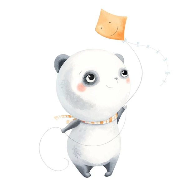 Little panda with a kite Watercolor illustration