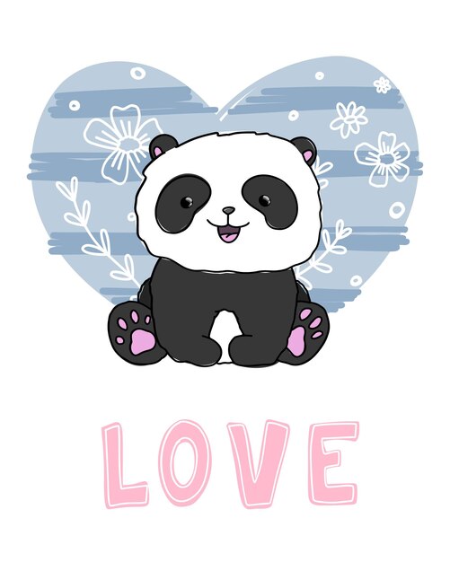 Little panda with text love baby animal illustration for kids blue heart doodle line flowers