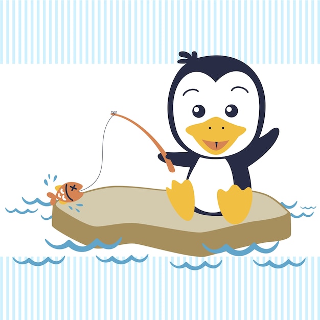 Little penguin cartoon fishing 