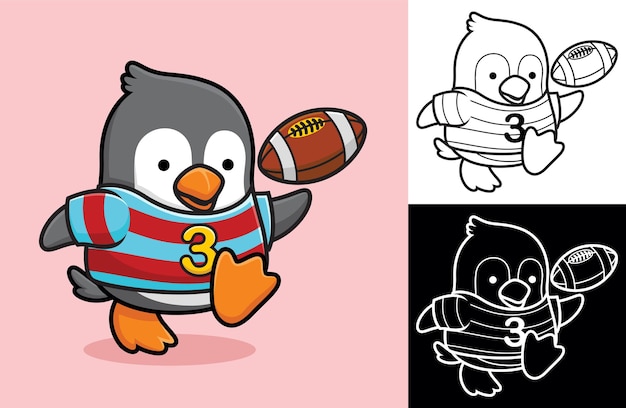 Little penguin playing rugby.   cartoon illustration in flat icon style