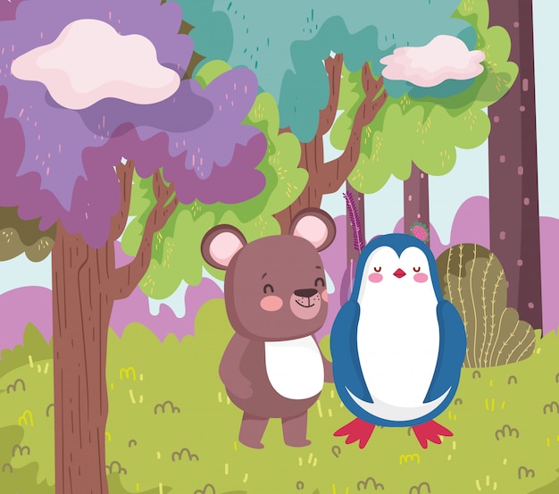 Little penguin and teddy bear cartoon character forest foliage nature