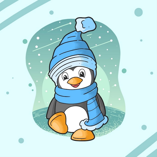 Vector little penguin at winter cold concept