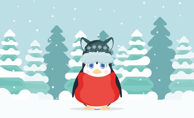 Un piccolo pinguino dall'aspetto carino si trova in una foresta innevata d'inverno. pinguino con un cappello invernale e una giacca rossa. vettore.