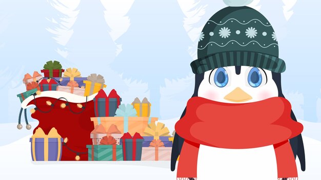 A little penguin with a cute look stands in a winter snowy forest with a mountain of gifts. Penguin in a winter hat and a red scarf. Vector.