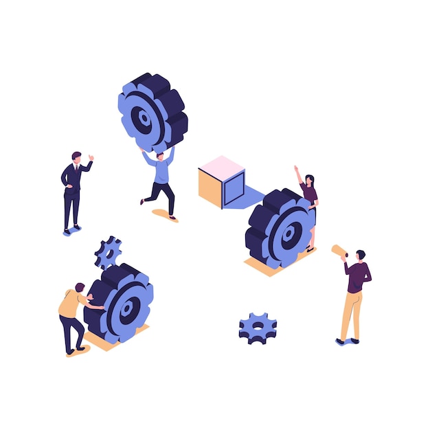 Vector little people links of mechanism business mechanism abstract background with gears people are engaged in business promotion strategy analysis