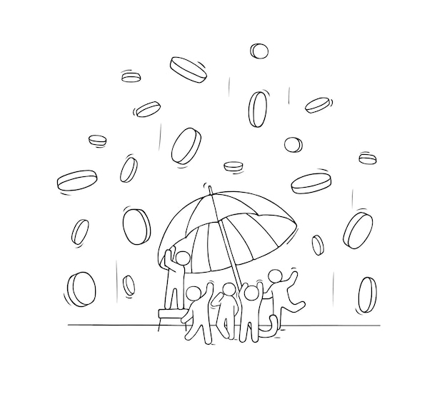 Вектор Маленькие люди с падающими монетами и зонтиком