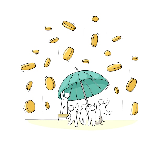 떨어지는 동전과 우산을 가진 작은 사람들