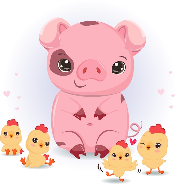 Little pig and Little Chickens are playing Vector