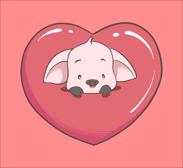 Vector little pig with heart isolated on red