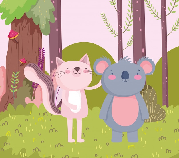 Vector little pink cat and koala cartoon character forest foliage nature