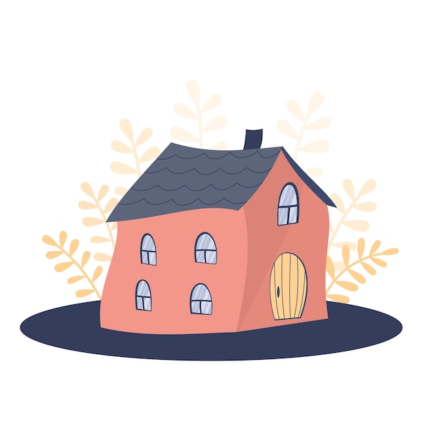 little pink house with windows and plants around