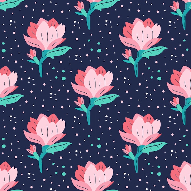 Little pink magnolia.flat cartoon colourful hand drawn seamless pattern