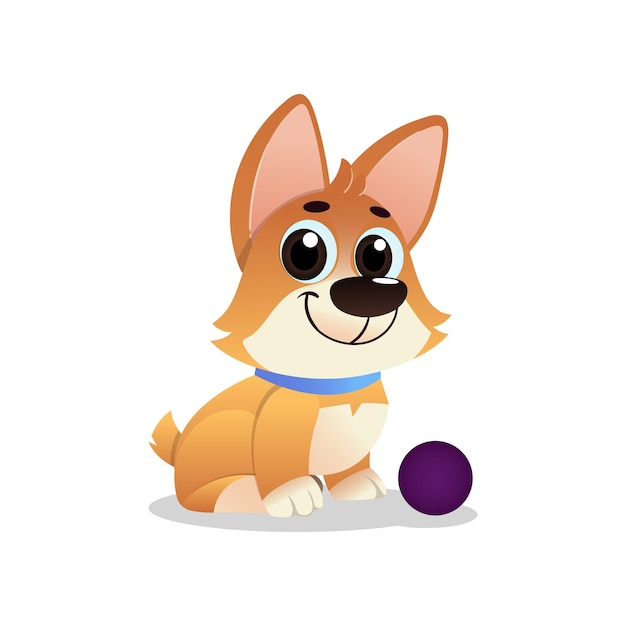 Little playful corgi with ball Cartoon dog with big shiny eyes Cheerful pet invites to play toy Domestic animal concept Human s best friend Vector illustration in flat style isolated on white