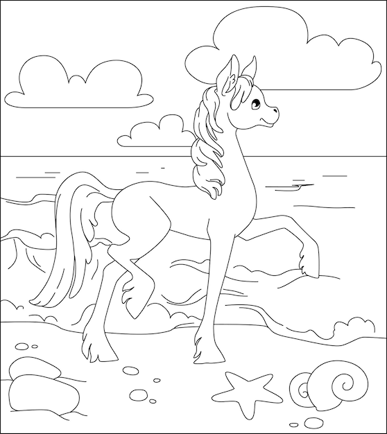 Piccolo pony per una passeggiata sul mare. libro da colorare per bambini su un cavallo. illustrazione vettoriale.