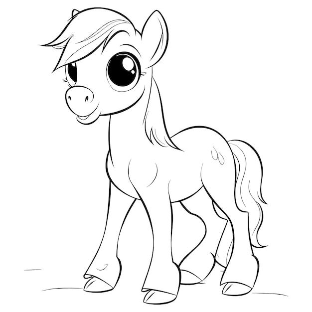 A little pony with a big eyes is standing on a white background.