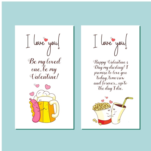 작은 엽서. 사랑에 대한 벡터 인사말 카드입니다. 발렌타인 데이와 함께. 사랑에 대한 귀여운 만화 개념입니다. 머스타드를 곁들인 소시지와 맥주 한 잔, 팝콘, 콜라.