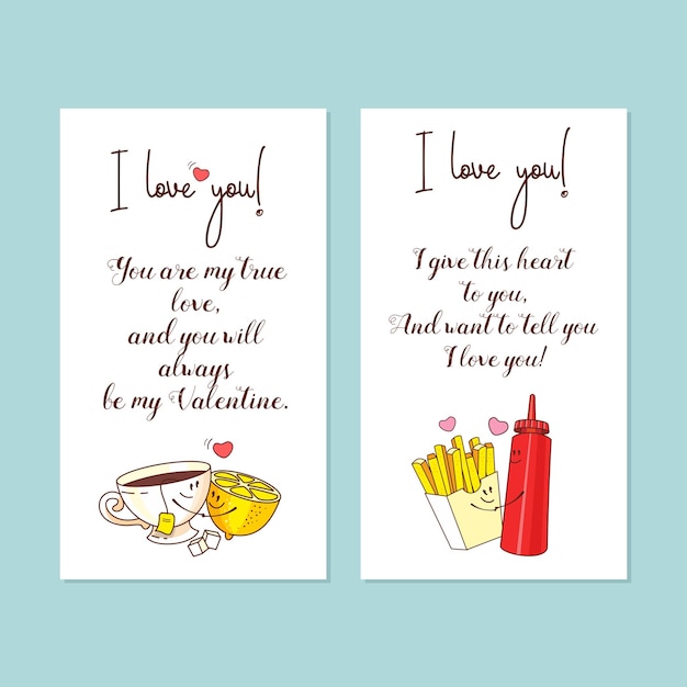 작은 엽서. 사랑에 대한 벡터 인사말 카드입니다. 발렌타인 데이와 함께. 사랑에 대한 귀여운 만화 개념입니다. 차와 레몬, 감자 튀김과 케첩.