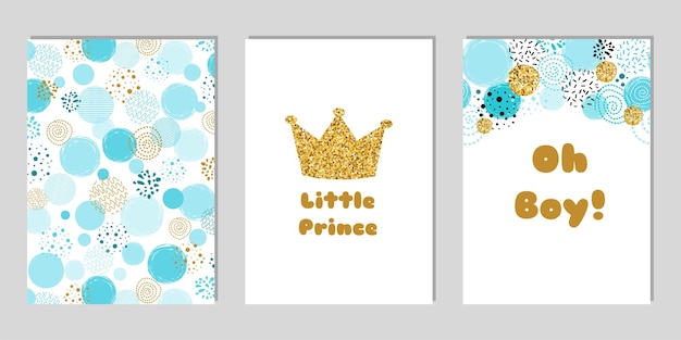 Маленький принц набор шаблонов открыток для детского душа oh boy синий дизайн приглашения для вечеринки в честь рождения ребенка золотая корона на синем фоне это мальчик баннер для поздравления с вечеринкой векторная иллюстрация