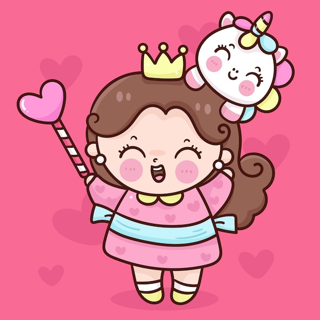 Little princess and cute unicorn cartoon woth love magic wand