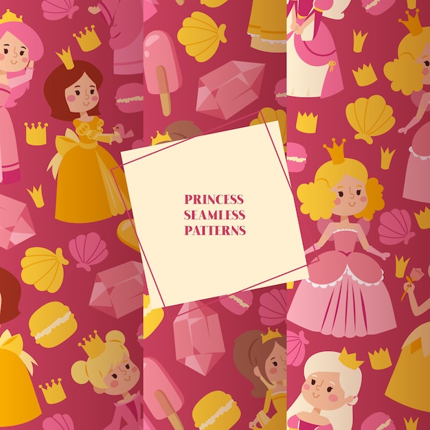 Little princess girls in evening gowns set of seamless patterns