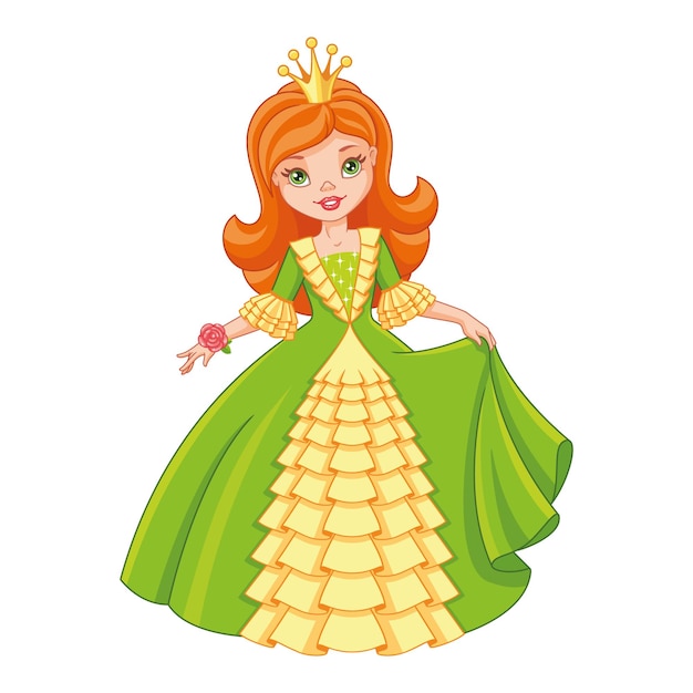 Vector little princess in green dress, vector cartoon illustration