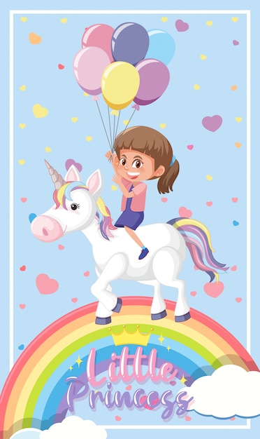 Vector little princess logo with girl riding on unicorn and rainbow in the sky on bright blue background