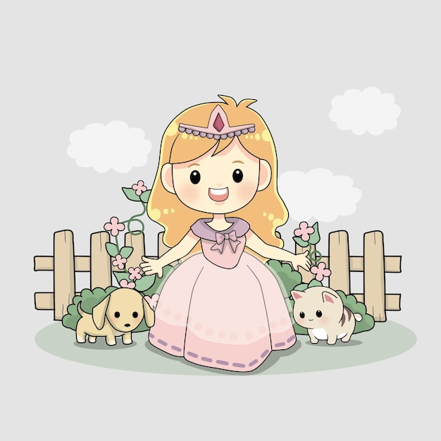 Вектор Маленькая принцесса со своей иллюстрацией мультфильма о кошке и собаке