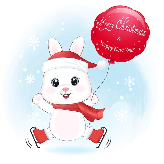 Иллюстрация рождественского сезона маленького кролика и воздушного шара