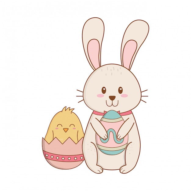 Little rabbit and chick with egg painted easter characters