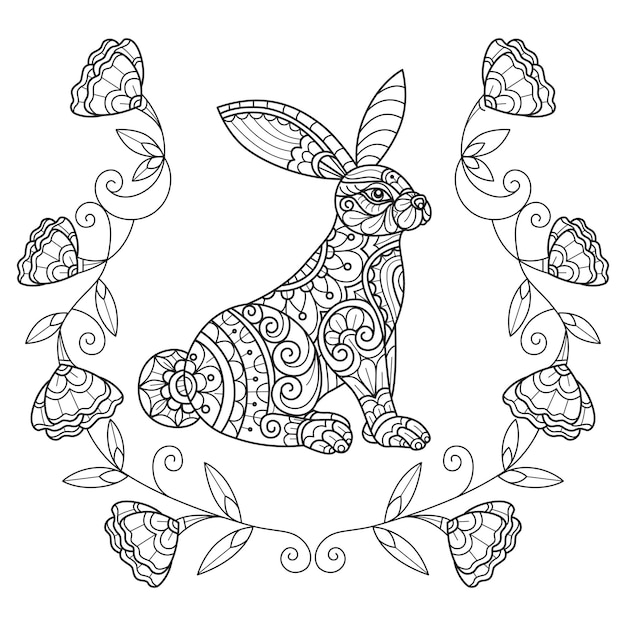 Vector little rabbit and cute flowers hand drawn for adult coloring book