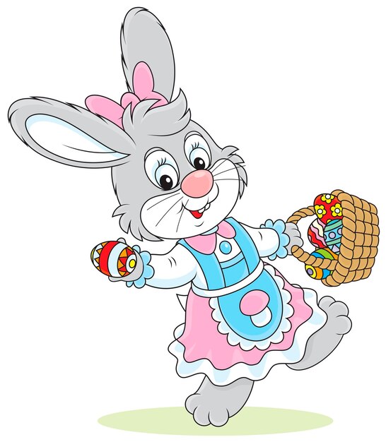 Little rabbit in a holiday dress walking with a basket of painted easter eggs