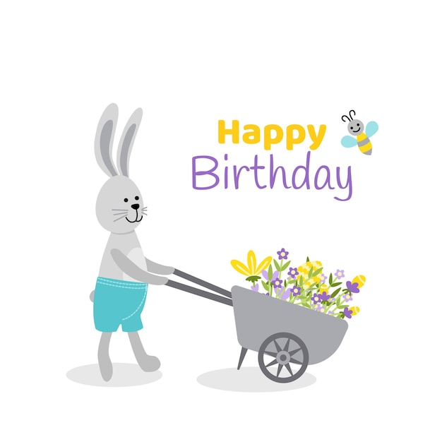 Little rabbit is carrying wheelbarrow with colorful blooming flowers floral bunny barrow happy birthday card flat cartoon isolated vector stock illustration eps 10 on white