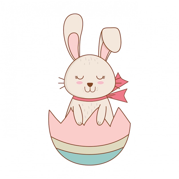 Vector little rabbit with egg broken painted easter character